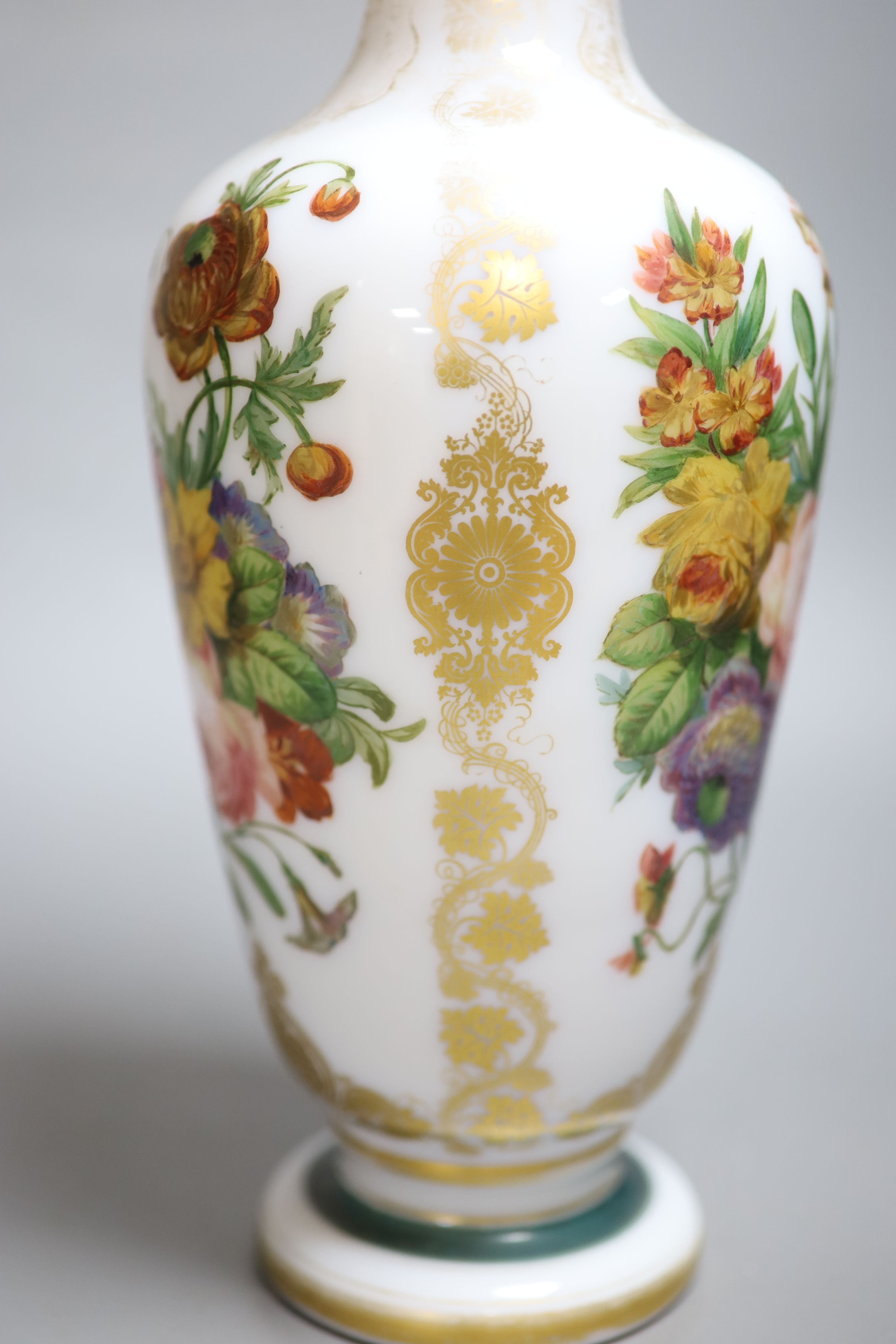 A Victorian painted opaline glass vase, height 35cm